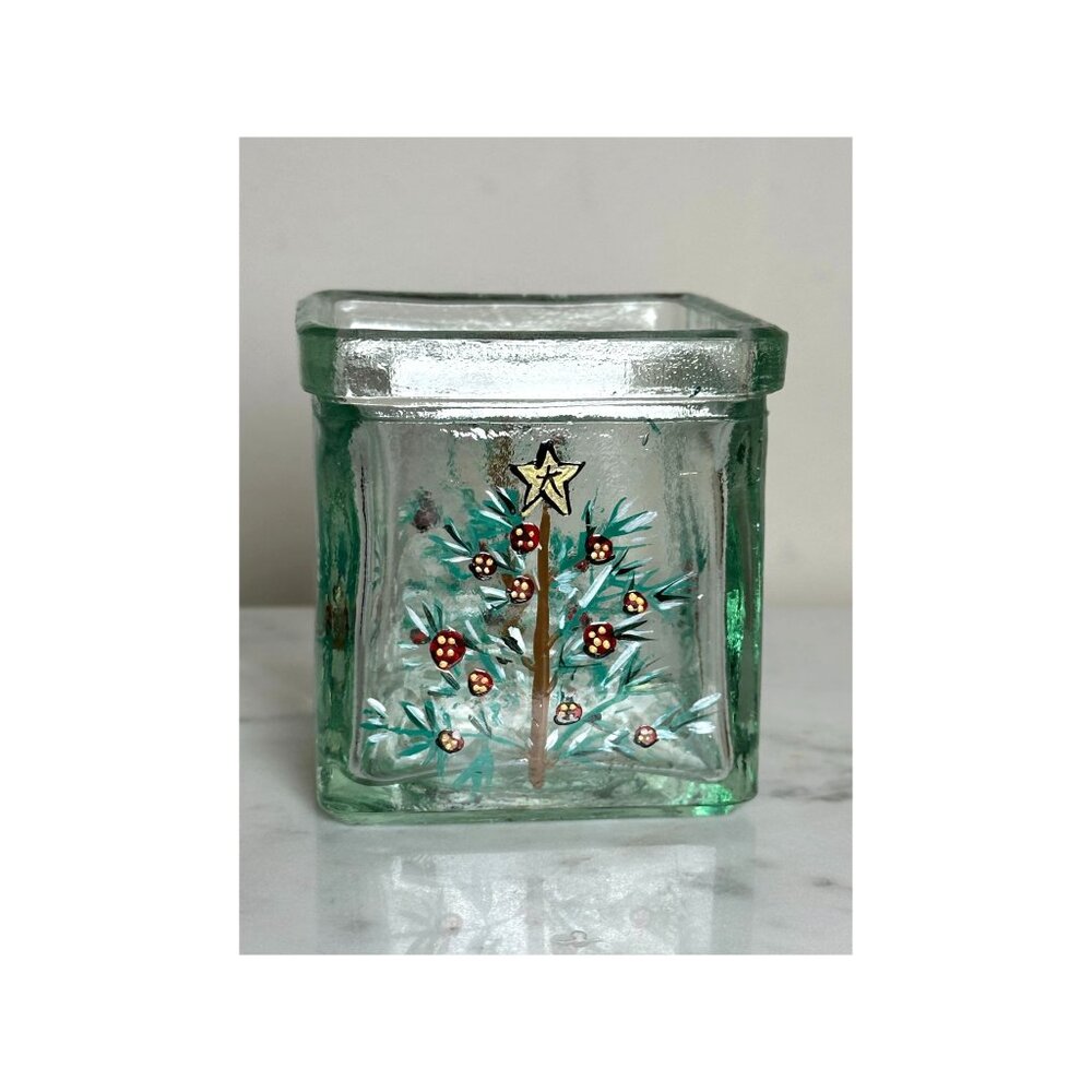 Hand-Painted Christmas Tree Glass Block Votive Holder Festive Holiday Home Decor